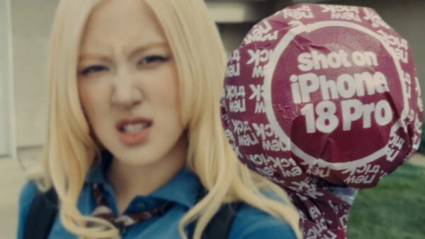 ROSÉ holding up a lollipop saying shot on iPhone 18 Pro for music video "new trick” by 