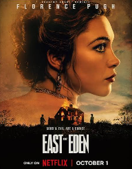 East of Eden movie poster with large picture of Florence Pugh, part of article on seeing Hoon Lee in East of Eden.
