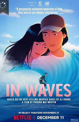In Waves movie poster showing a young couple, the ocean, and a surfer